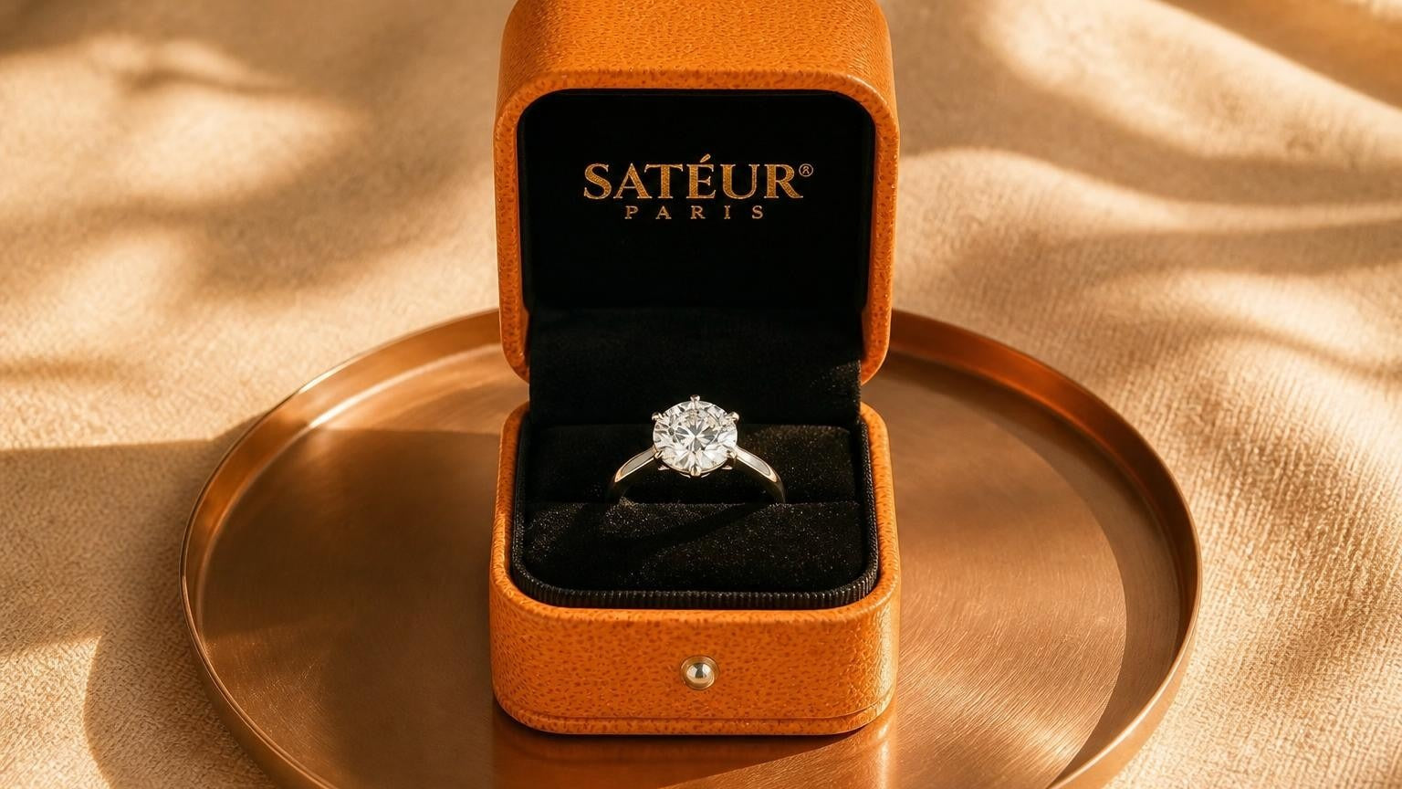 Adjustable engagement ring in open orange Satéur box on warm apricot linen surface