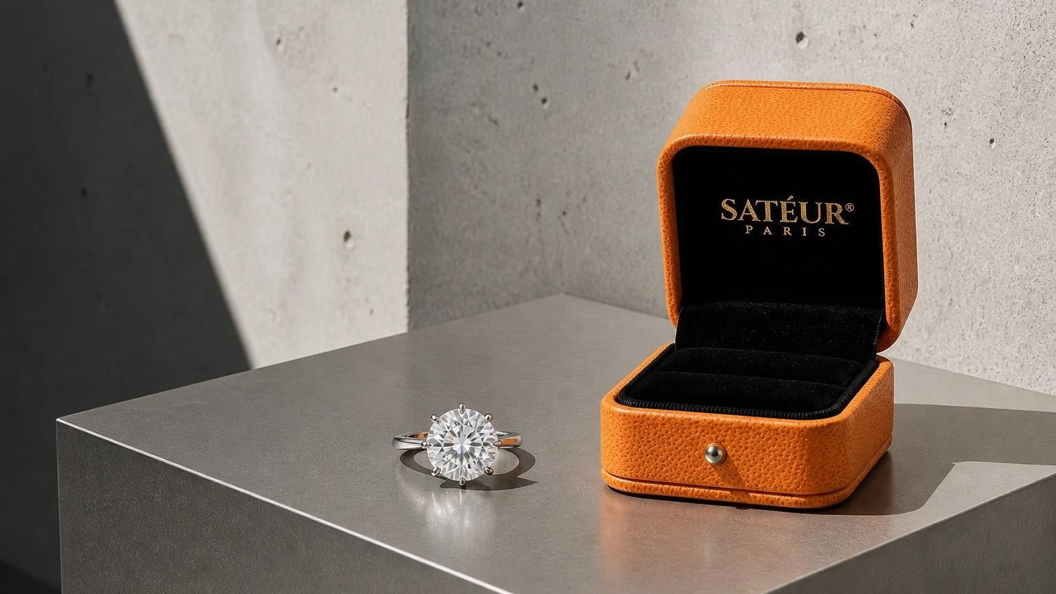 Best diamond alternative guide — Satéur Gems diamond simulant ring with open orange box