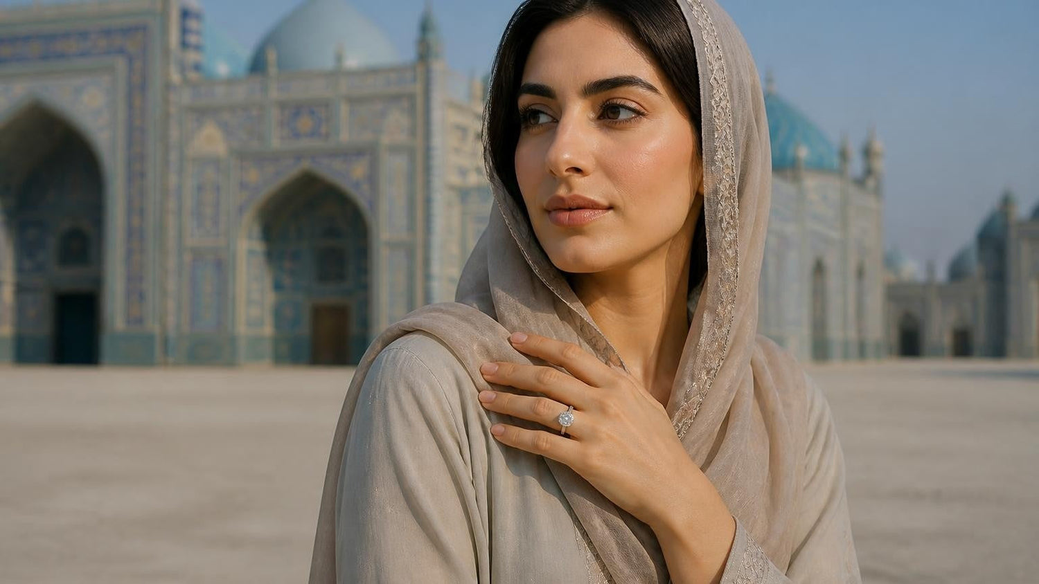 Engagement ring on hand of elegant Afghan woman, Blue Mosque of Mazar-i-Sharif softly blurred behind