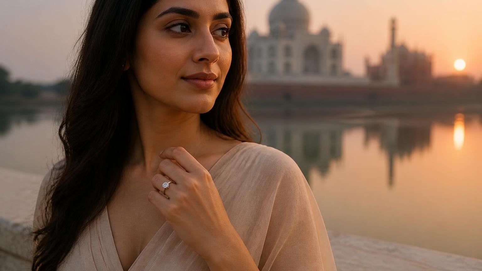 Best engagement rings in Agra — Satéur Destinée Ring with the Taj Mahal at sunrise