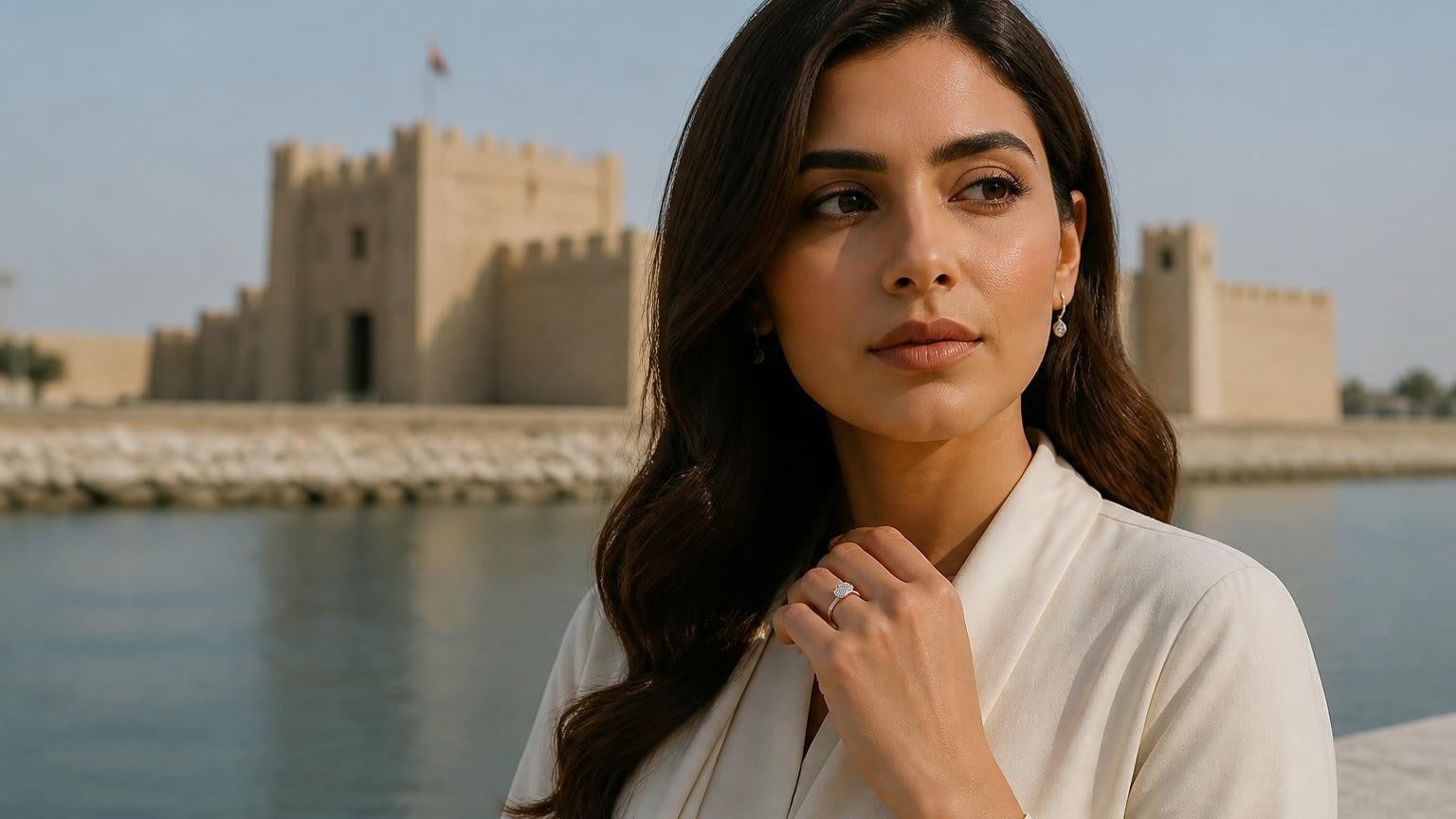 Best engagement rings in Ajman — Satéur Destinée Ring with Ajman Museum fort in background