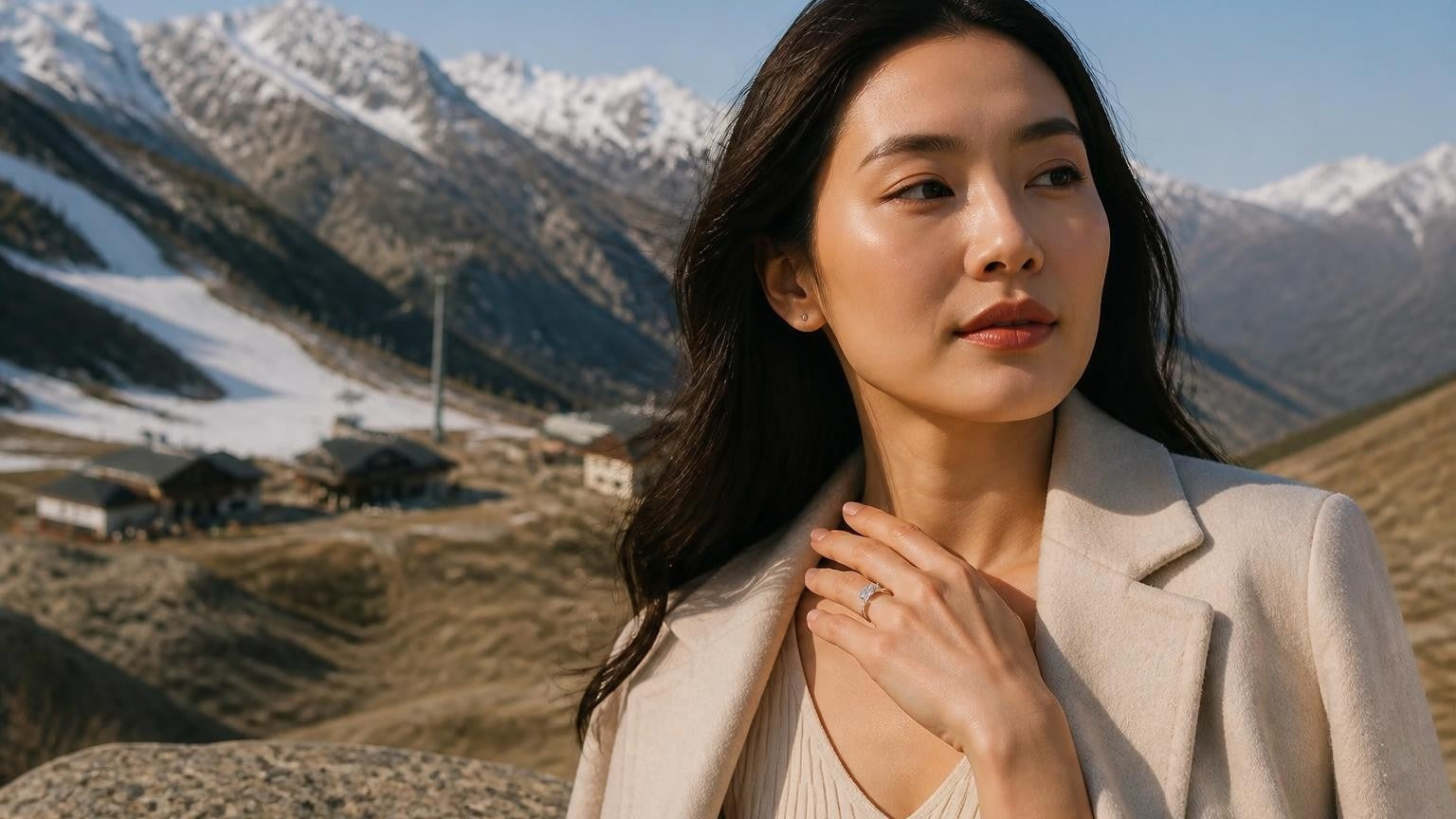 Best engagement rings in Almaty — elegant Kazakh woman with Satéur Destinée ring, Tian Shan peaks behind