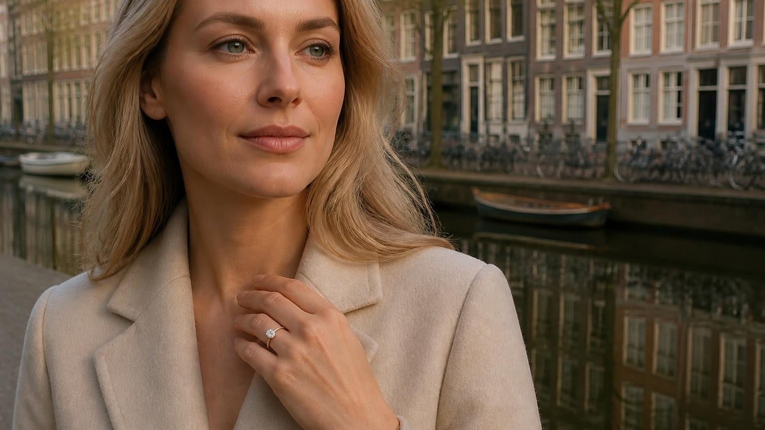 Best engagement rings in Amsterdam — elegant Dutch woman wearing a Satéur Destinée Ring™ by the Amsterdam canal