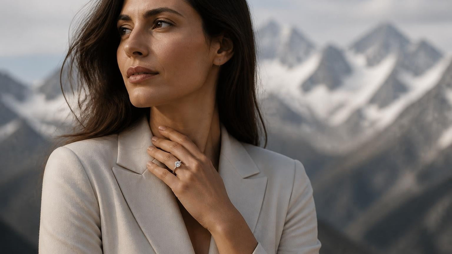 Best engagement rings in Andorra — Satéur Destinée Ring on hand with Pyrenean mountains