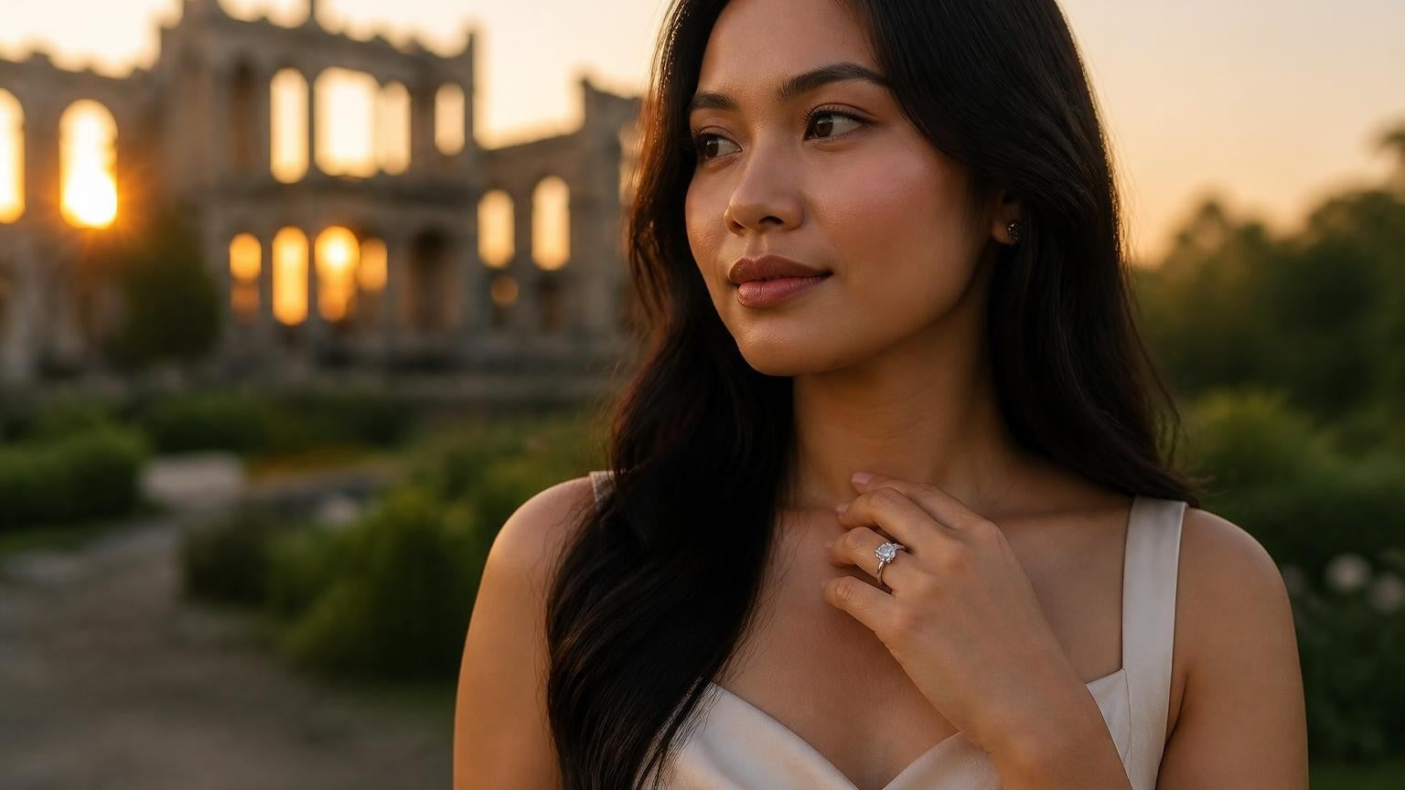 Best engagement rings in Bacolod — elegant Filipina woman with solitaire ring, The Ruins mansion at golden hour