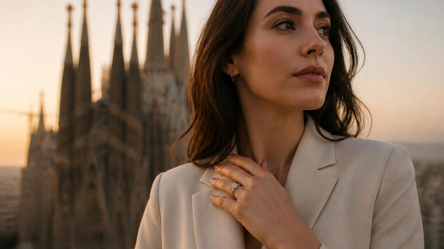 Best engagement rings in Barcelona — elegant woman with Satéur Destinée Ring, Sagrada Família at sunrise