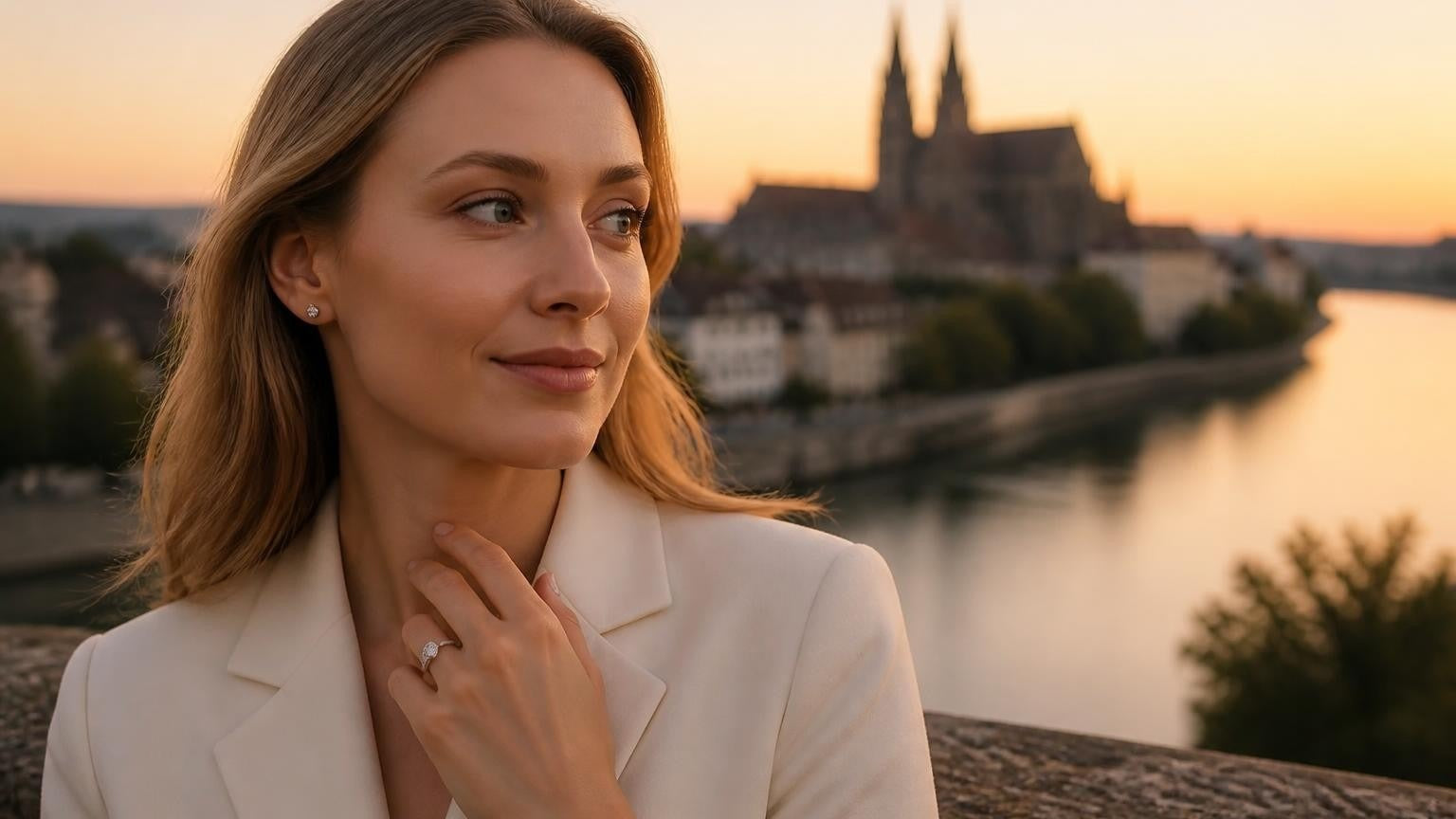 Best engagement rings in Basel, Switzerland — Satéur Destinée Ring™ with the Basel Münster at sunset