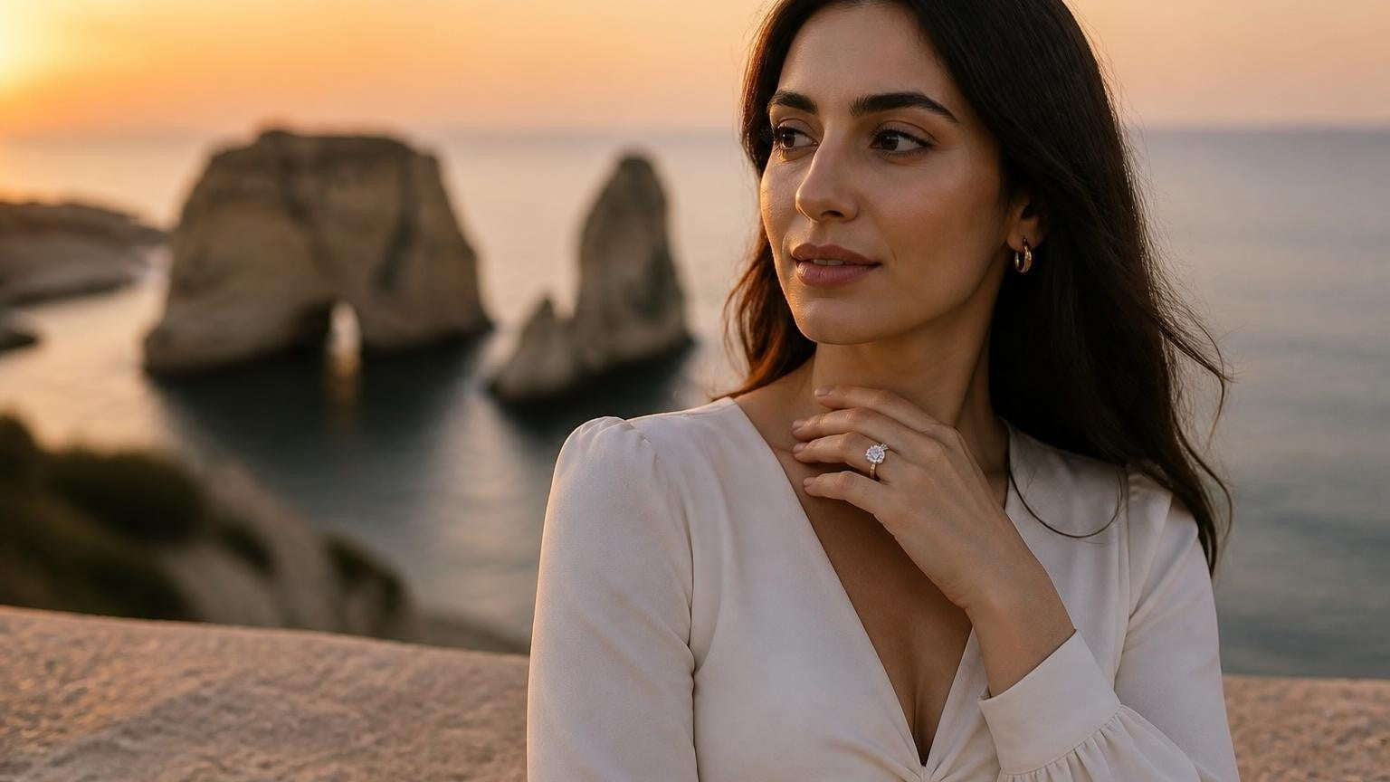 Best engagement rings in Beirut — Satéur Destinée Ring™ with Pigeon Rocks landmark backdrop