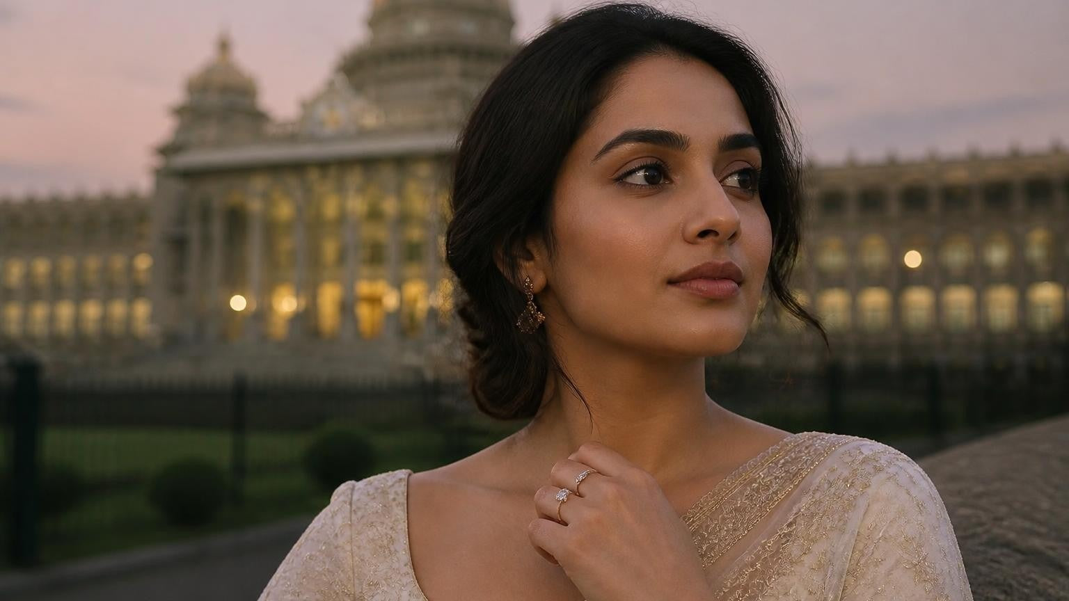 Best engagement rings in Bengaluru — Satéur Destinée Ring™ with Vidhana Soudha at dusk