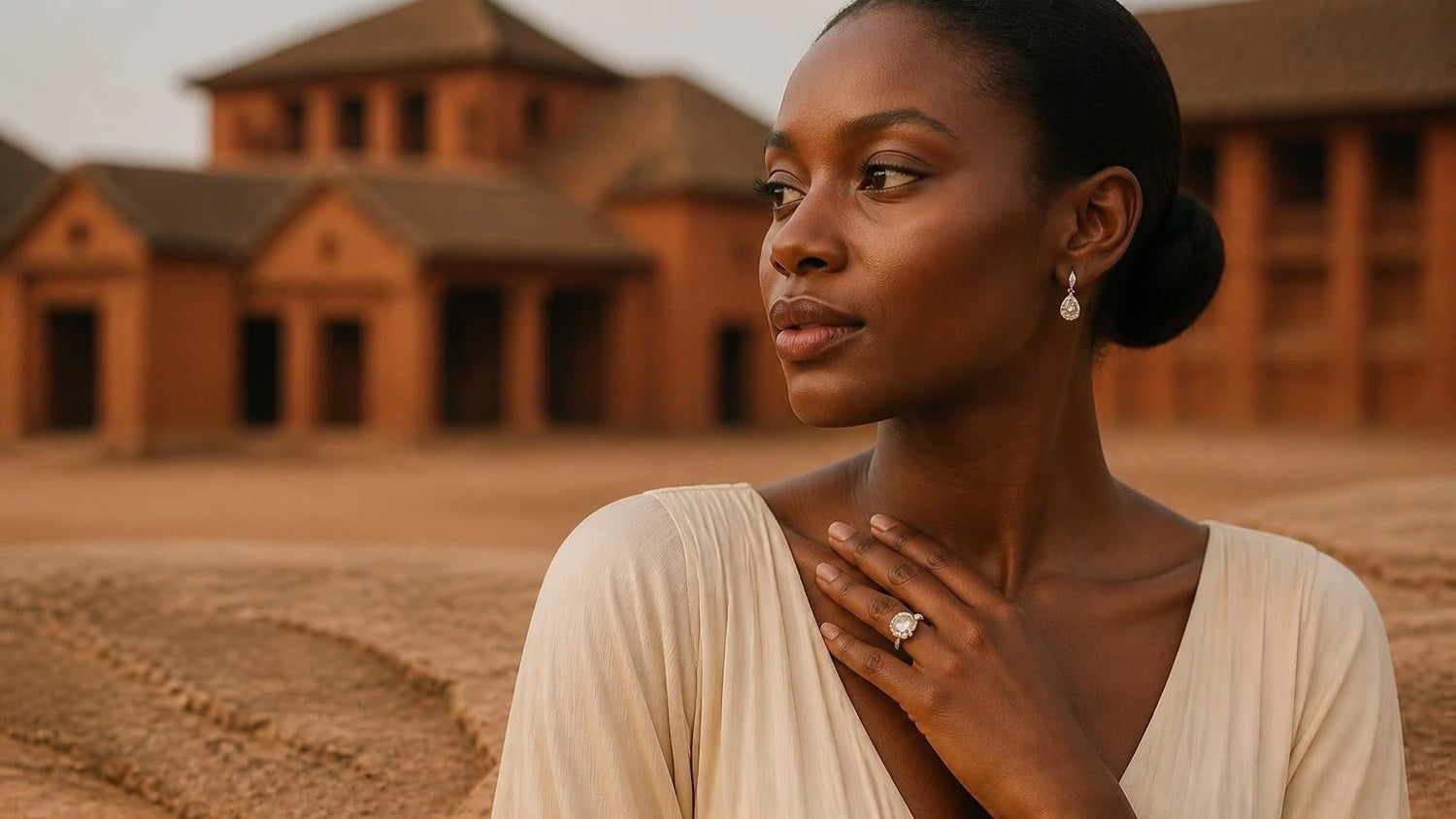 Best engagement rings in Benin — elegant Beninese woman wearing a Satéur Destinée Ring, Royal Palaces of Abomey softly blurred behind her