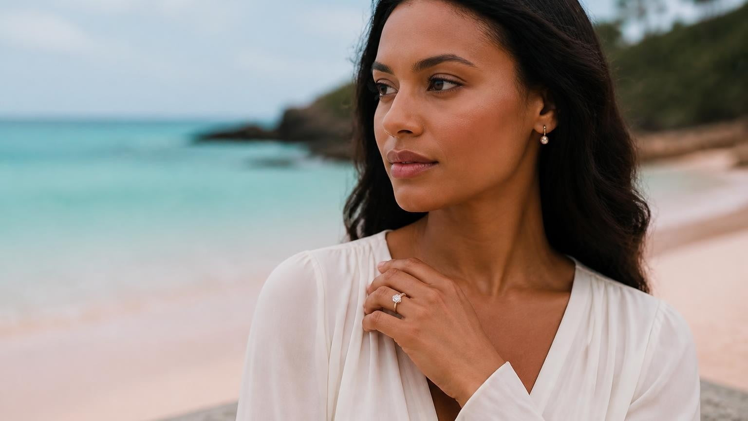 Best engagement rings in Bermuda — Satéur Destinée Ring on pink-sand Horseshoe Bay beach