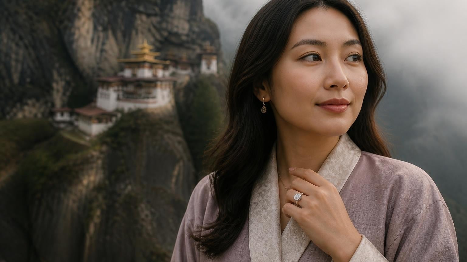 Best engagement rings in Bhutan — elegant Bhutanese woman with Satéur Destinée Ring, Tiger's Nest Monastery behind