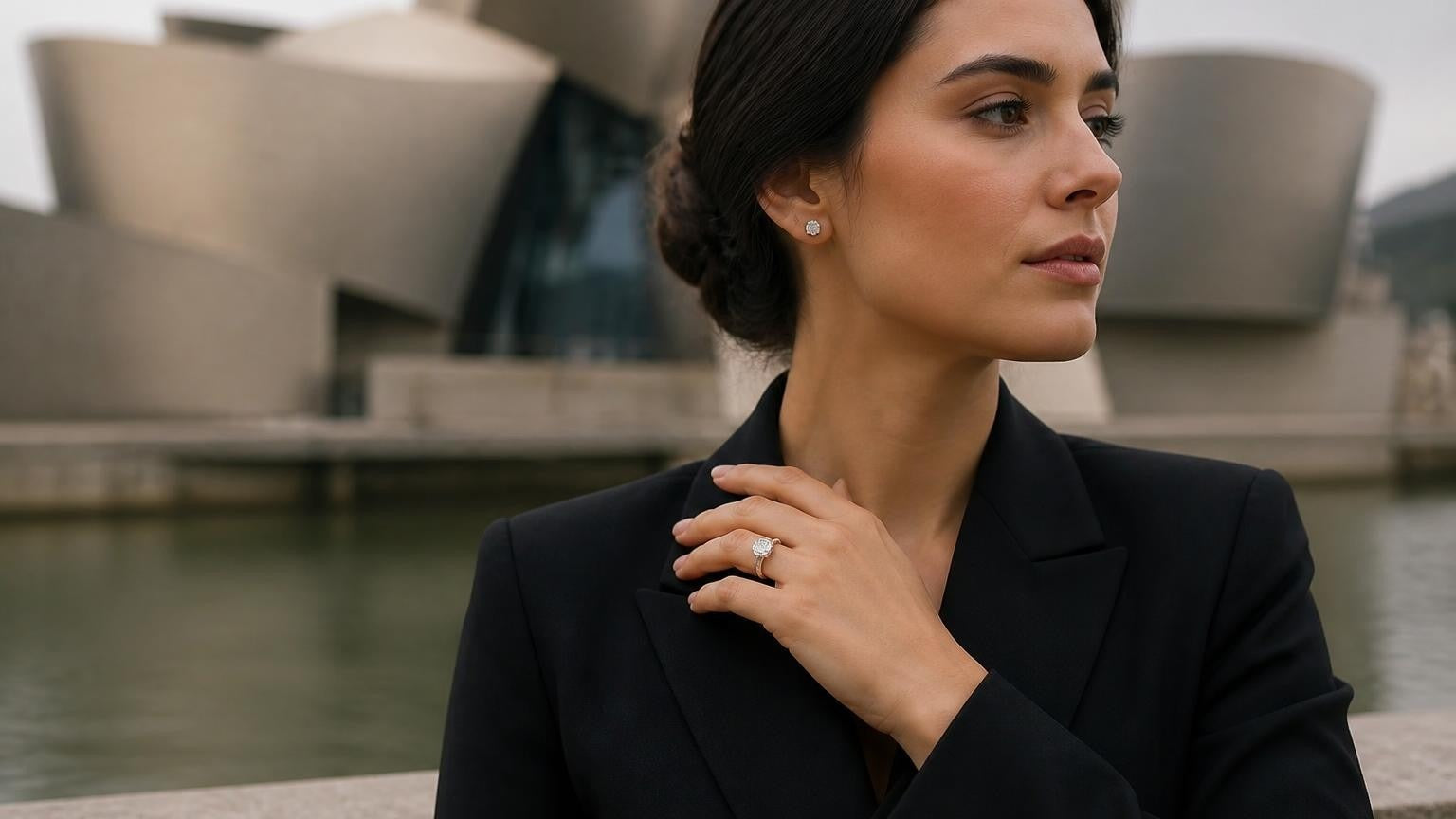 Best engagement rings in Bilbao — Satéur Destinée Ring with Guggenheim Museum in background