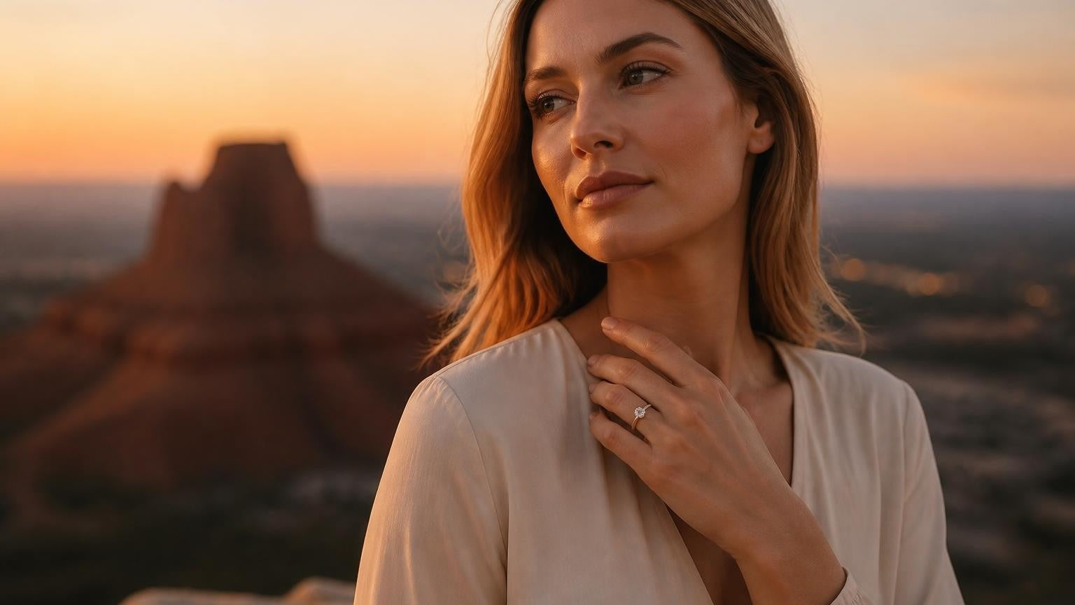 Best engagement rings in Boise City — Satéur Destinée Ring with Table Rock at golden hour