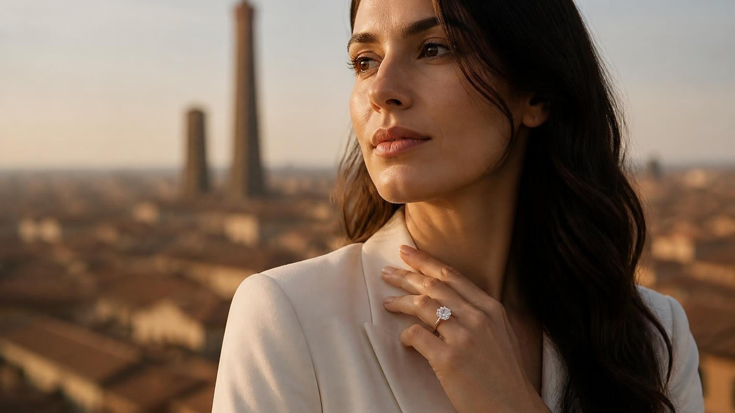 Best engagement rings in Bologna — Satéur Destinée Ring™ against the Due Torri skyline