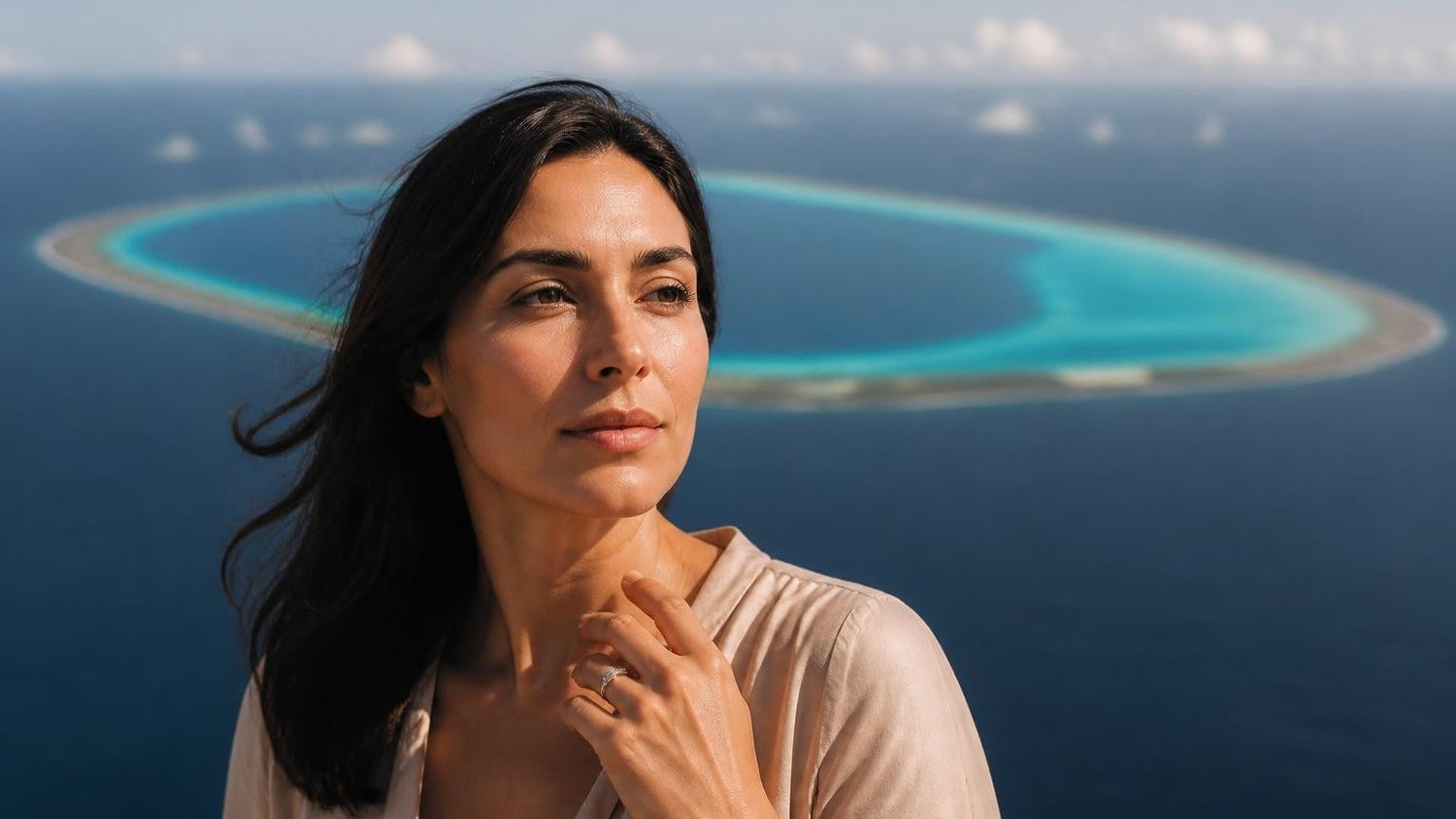 Engagement ring on finger with Diego Garcia horseshoe atoll softly blurred behind — best engagement rings in British Indian Ocean Territory