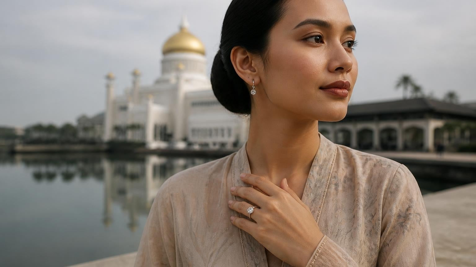 Best engagement rings in Brunei — Bruneian woman wearing the Satéur Destinée Ring with the Omar Ali Saifuddien Mosque reflecting pool behind her