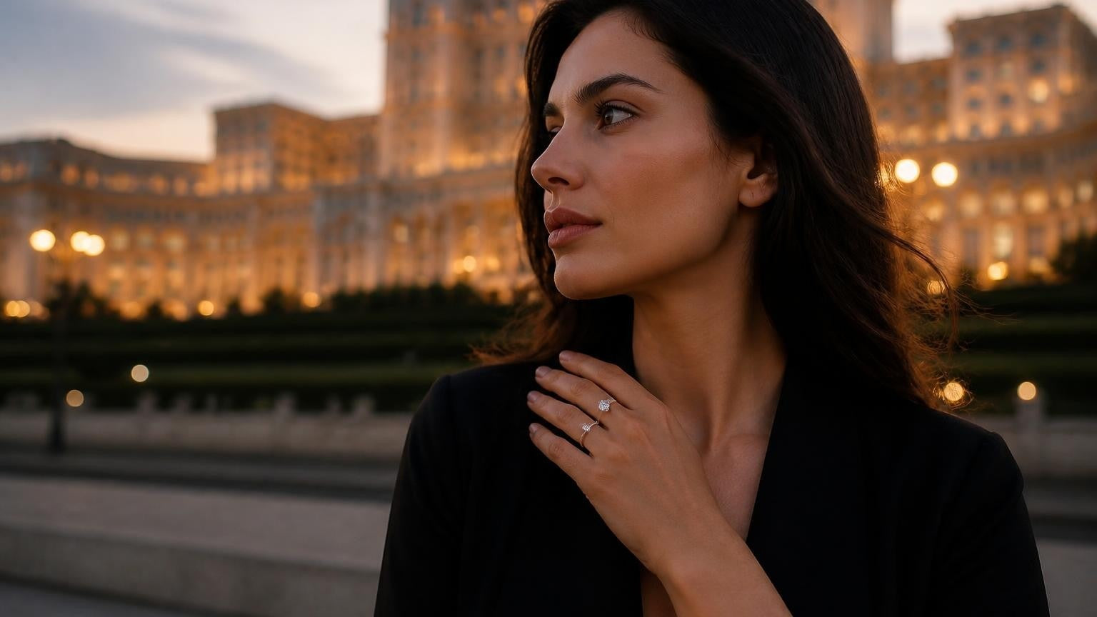 Best engagement rings in Bucharest — Satéur Destinée Ring with Palace of Parliament backdrop