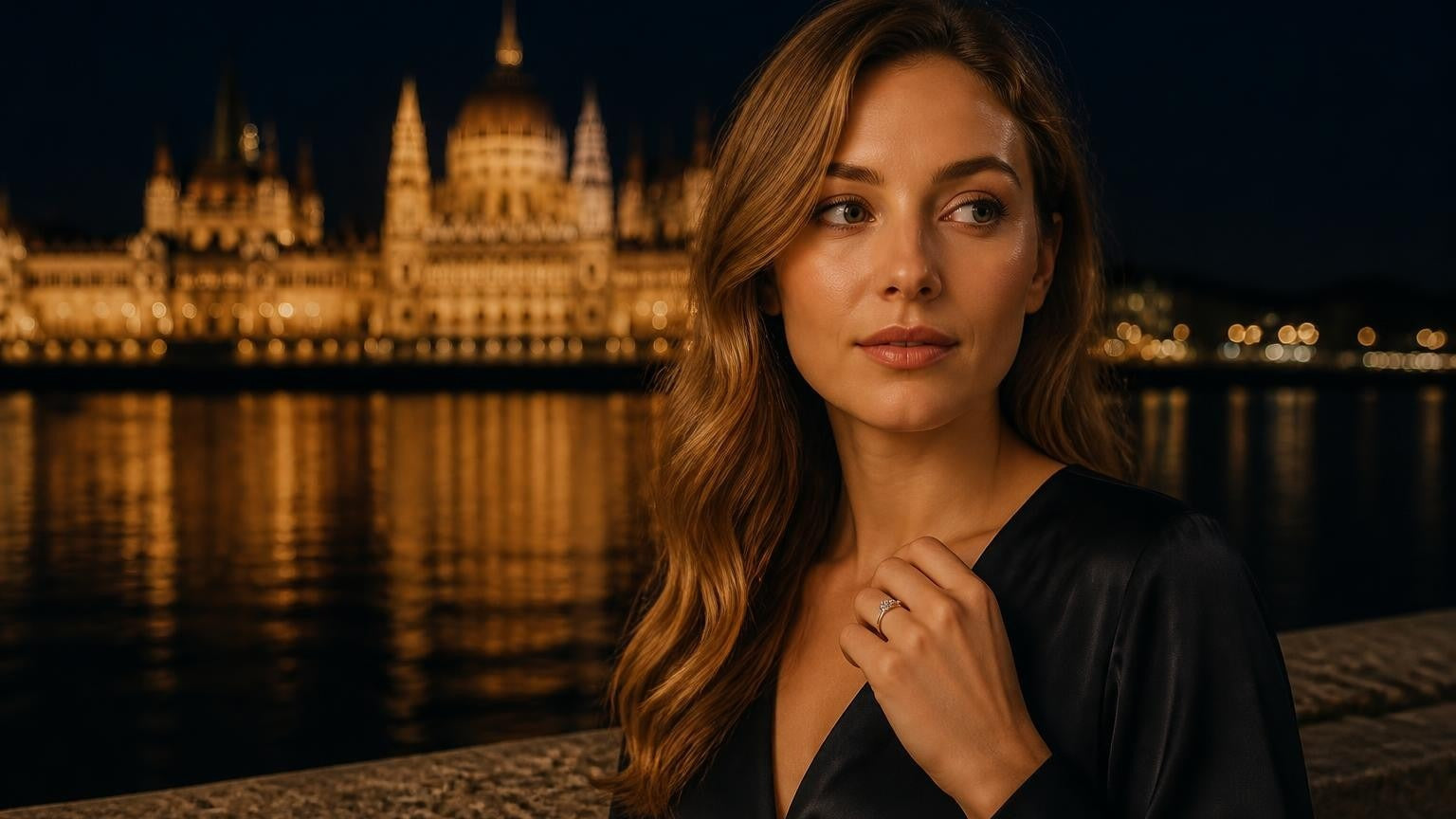 Best engagement rings in Budapest — elegant woman with Satéur Destinée Ring, Hungarian Parliament reflected in the Danube