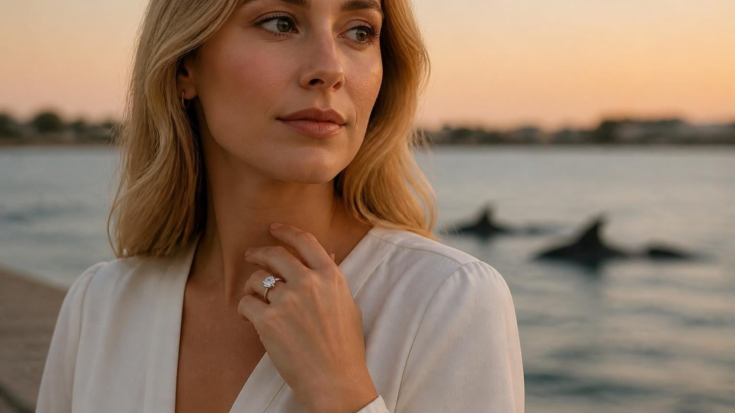 Best engagement rings in Bunbury — Satéur Destinée Ring at Koombana Bay at golden hour