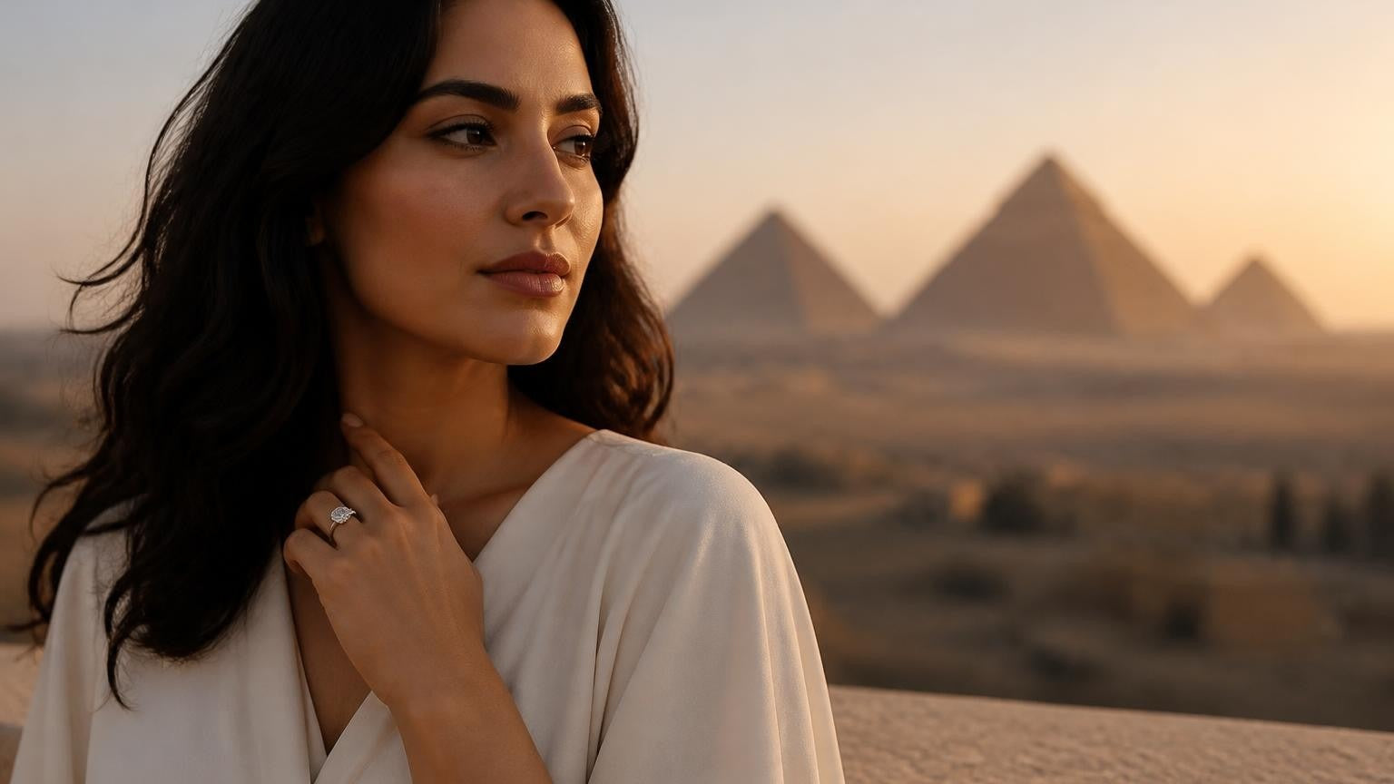 Best engagement rings in Cairo — elegant Egyptian woman with Satéur Destinée Ring, Pyramids of Giza at sunrise