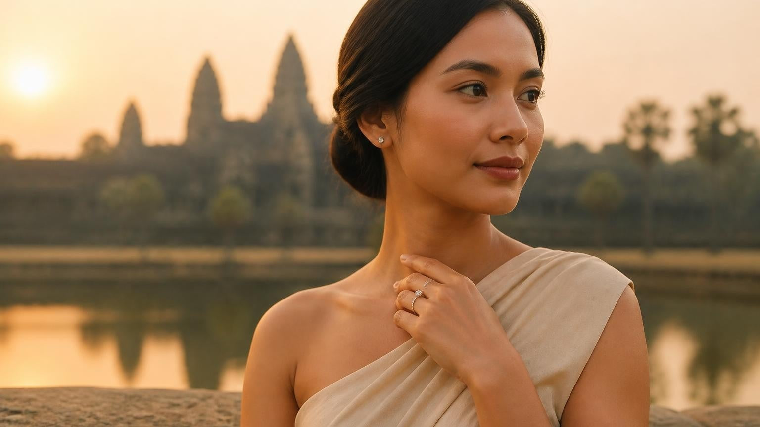 Best engagement rings in Cambodia — Cambodian woman with solitaire ring, Angkor Wat at sunrise