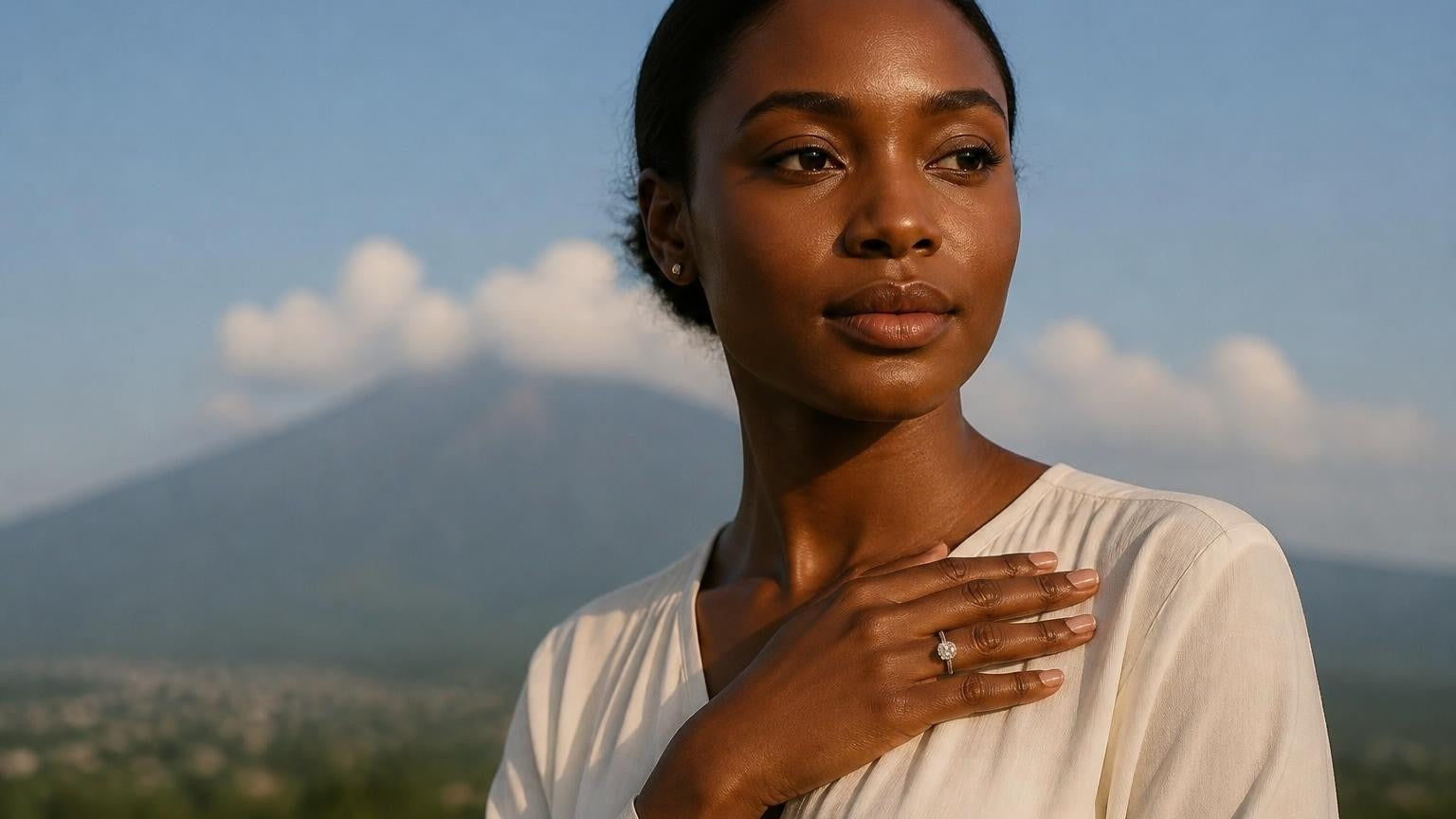 Best engagement rings in Cameroon — elegant Cameroonian woman with solitaire ring, Mount Cameroon volcano in background