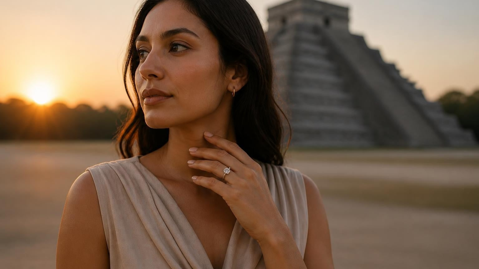 Best engagement rings in Cancún — elegant solitaire ring with El Castillo pyramid at sunrise