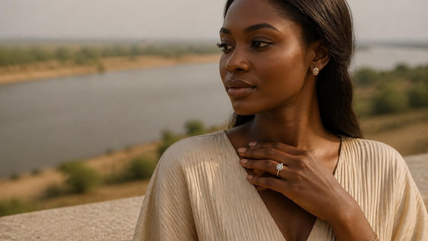 Best engagement rings in Chad — Satéur Destinée Ring on hand, Chari River backdrop