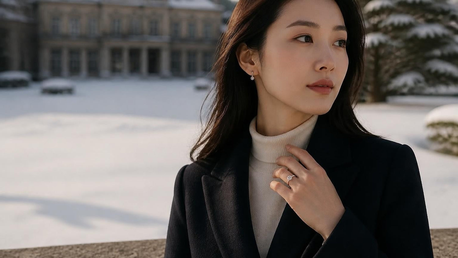 Best engagement rings in Changchun — Satéur Destinée Ring worn at the Puppet Emperor Palace in winter snow