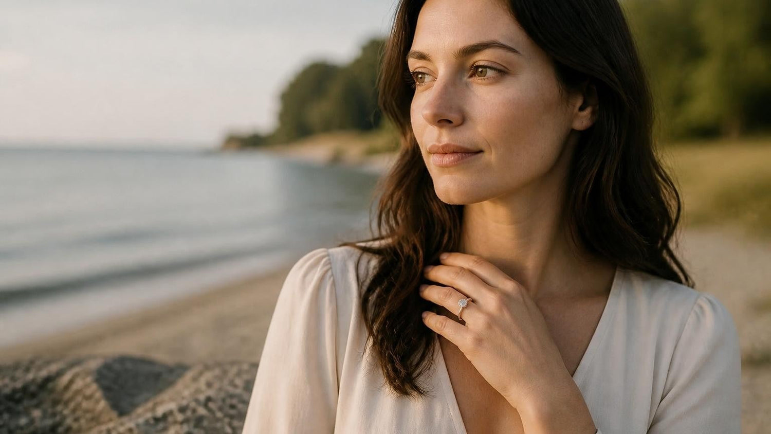 Best engagement rings in Chatham-Kent — Satéur Destinée Ring on Lake Erie shoreline
