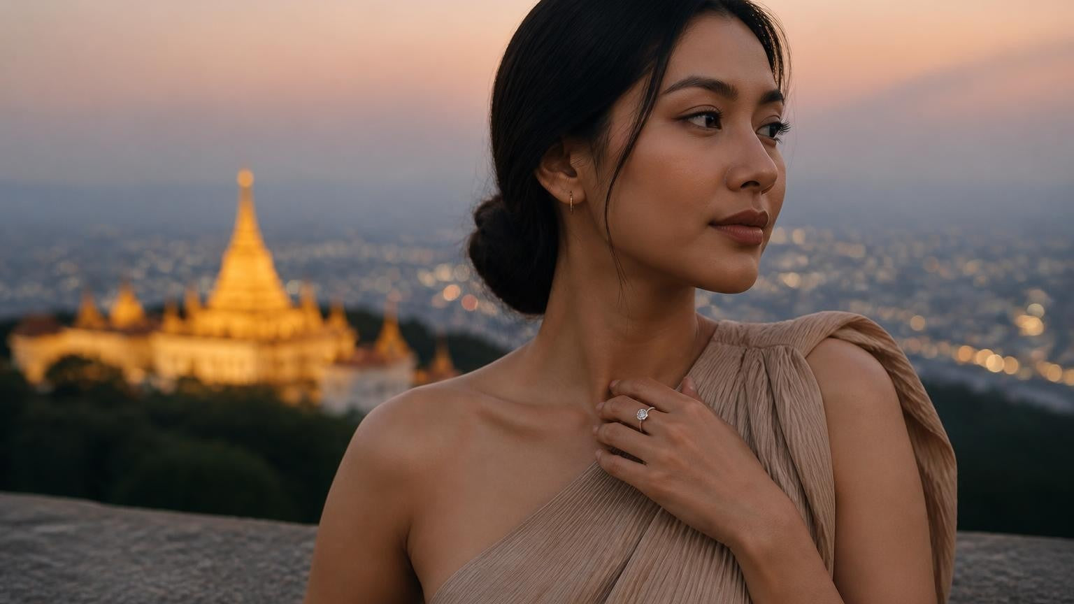 Best engagement rings in Chiang Mai — Satéur Destinée Ring™ with Doi Suthep temple at golden hour