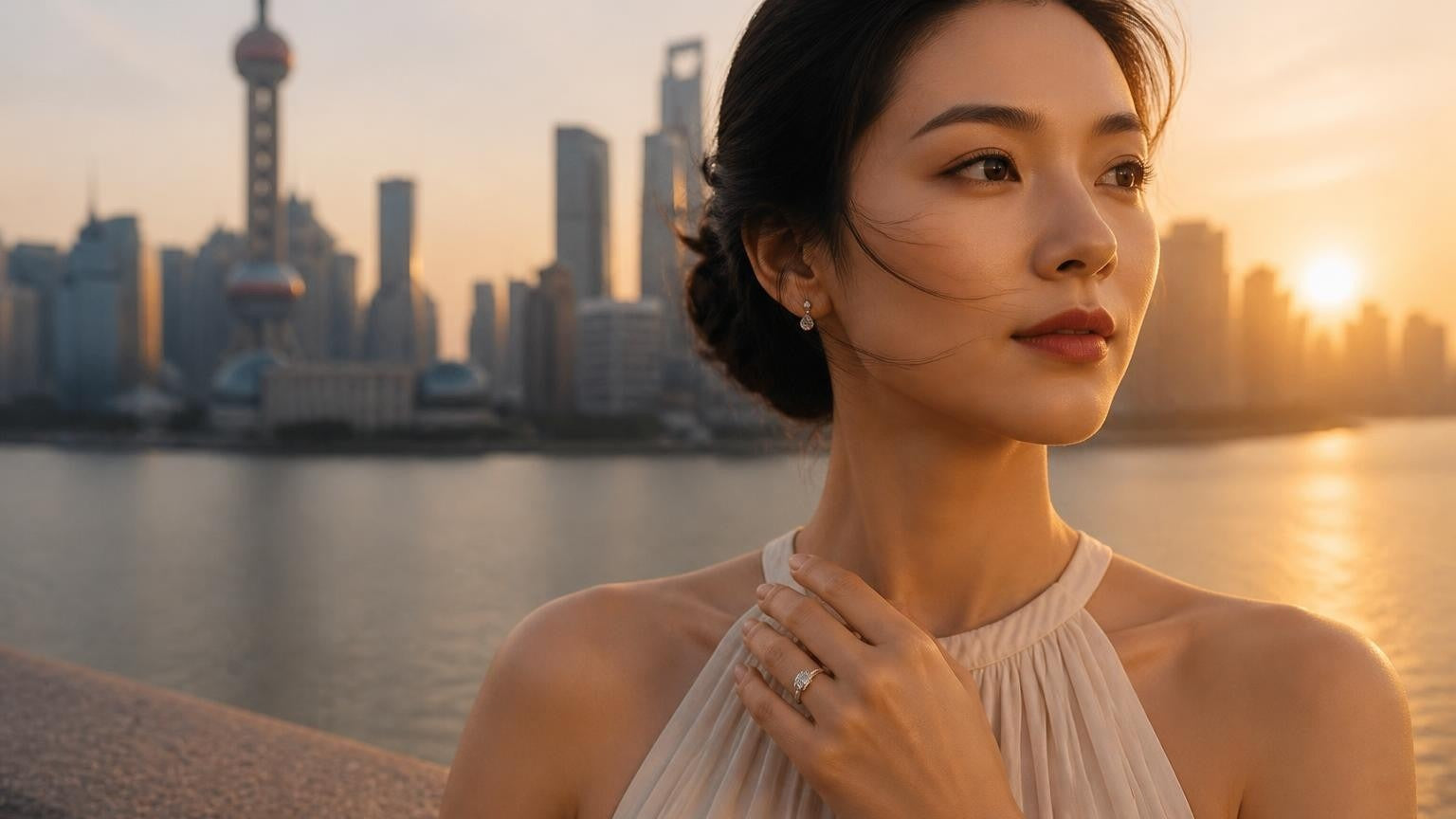 Best engagement rings in China — elegant woman at The Bund Shanghai with Satéur Destinée Ring