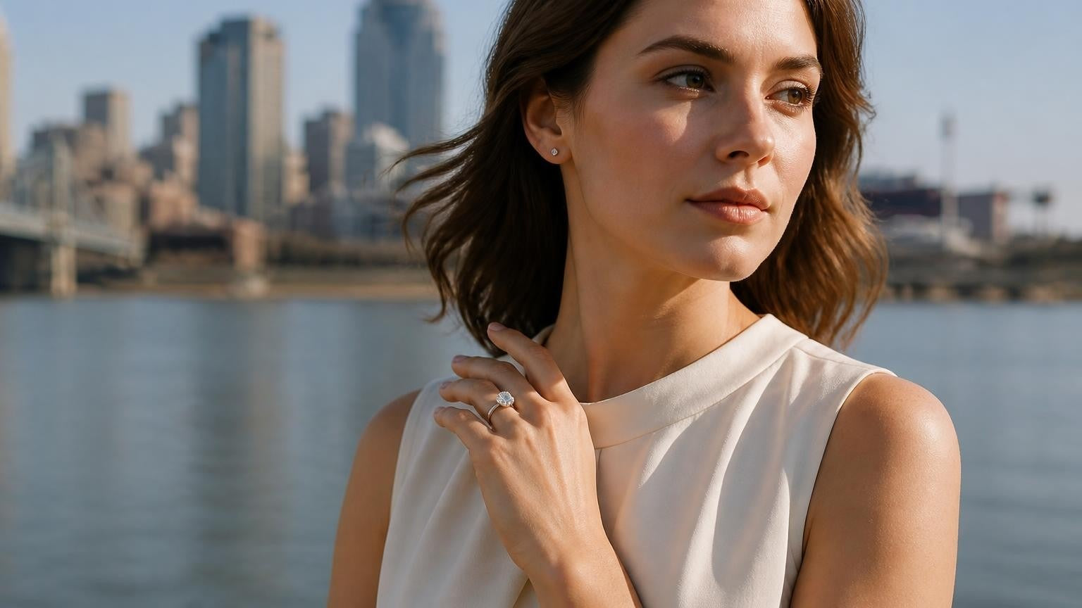 Best engagement rings in Cincinnati — Satéur Destinée Ring™ with Cincinnati Ohio River skyline