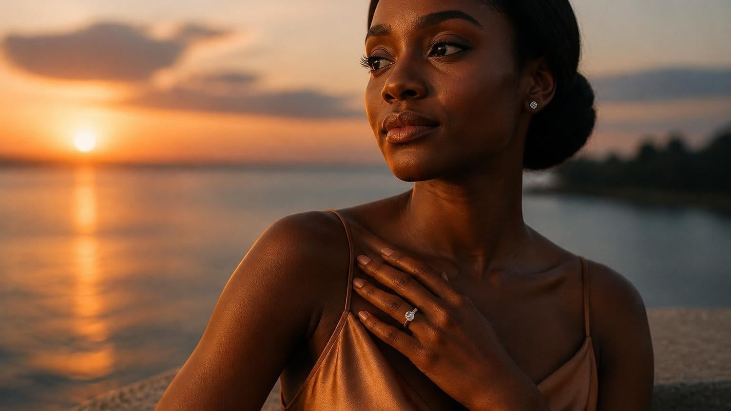 Best engagement rings in Congo-Kinshasa — Satéur Destinée Ring on a woman's finger at Congo River sunset