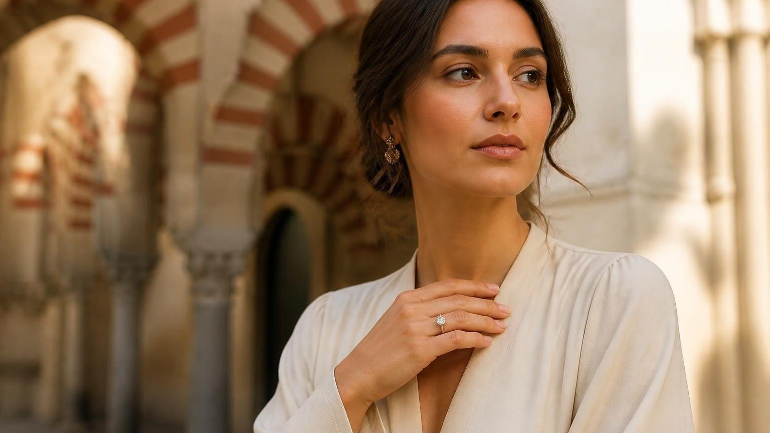 Best engagement rings in Córdoba — elegant Andalusian woman with the Satéur Destinée Ring, Mezquita arches behind