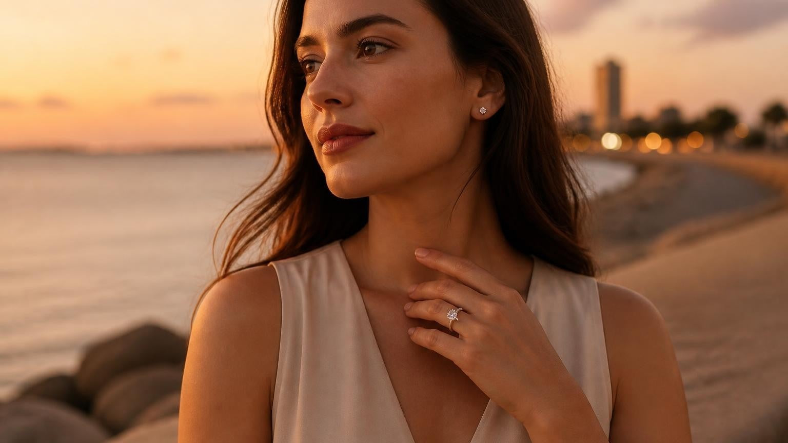 Best engagement rings in Corpus Christi — Satéur Destinée Ring at Corpus Christi Bay shoreline sunset