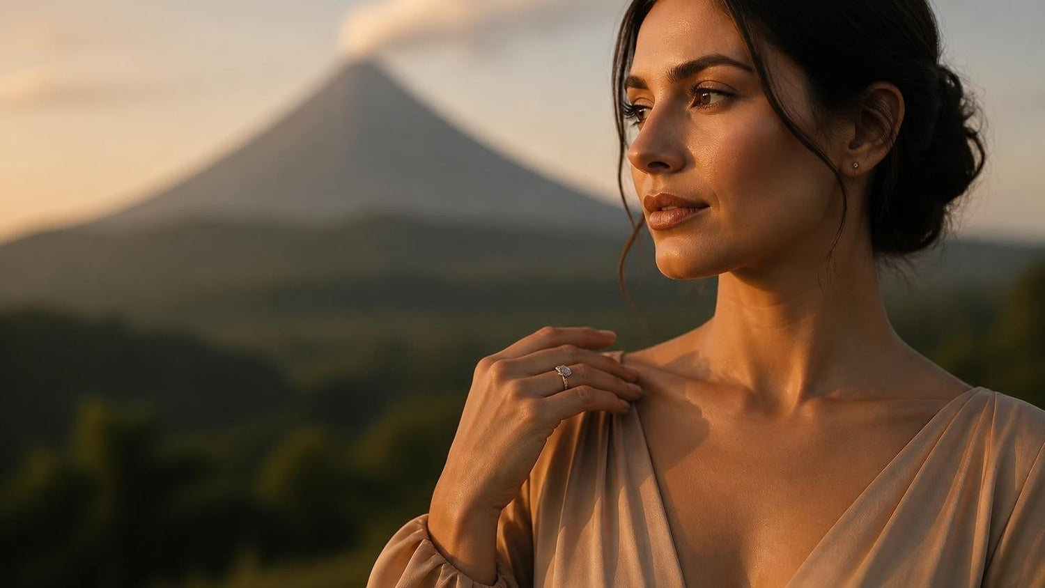 Best engagement rings in Costa Rica — elegant woman with Satéur Destinée Ring, Arenal Volcano at golden hour