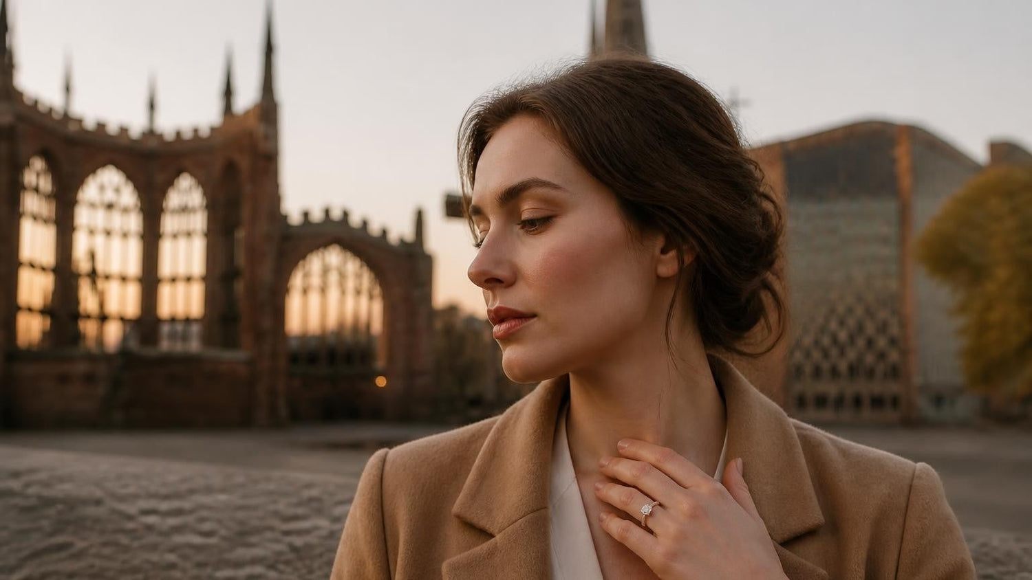 Best engagement ring in Coventry — Satéur Destinée Ring with Coventry Cathedral ruins at dusk