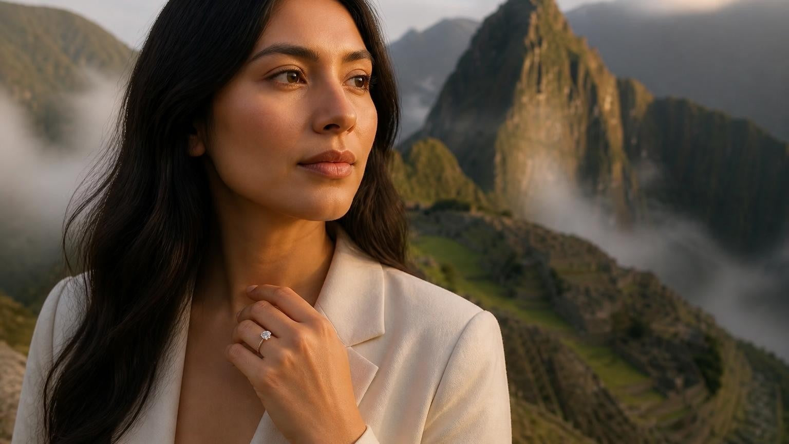 Best engagement rings in Cusco — elegant woman with Satéur Destinée Ring against Machu Picchu