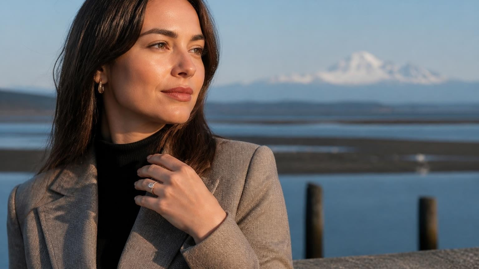 Best engagement rings in Delta BC — Satéur Destinée Ring with Boundary Bay and Mount Baker backdrop