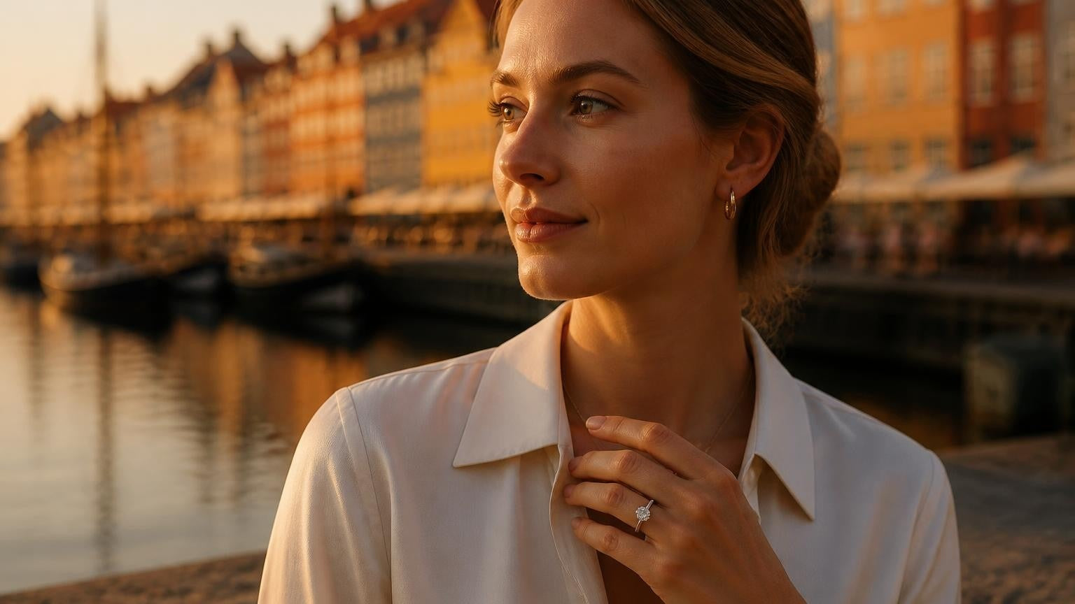 Satéur Destinée Ring worn by an elegant Danish woman at Nyhavn canal, Copenhagen — the best affordable engagement ring in Denmark