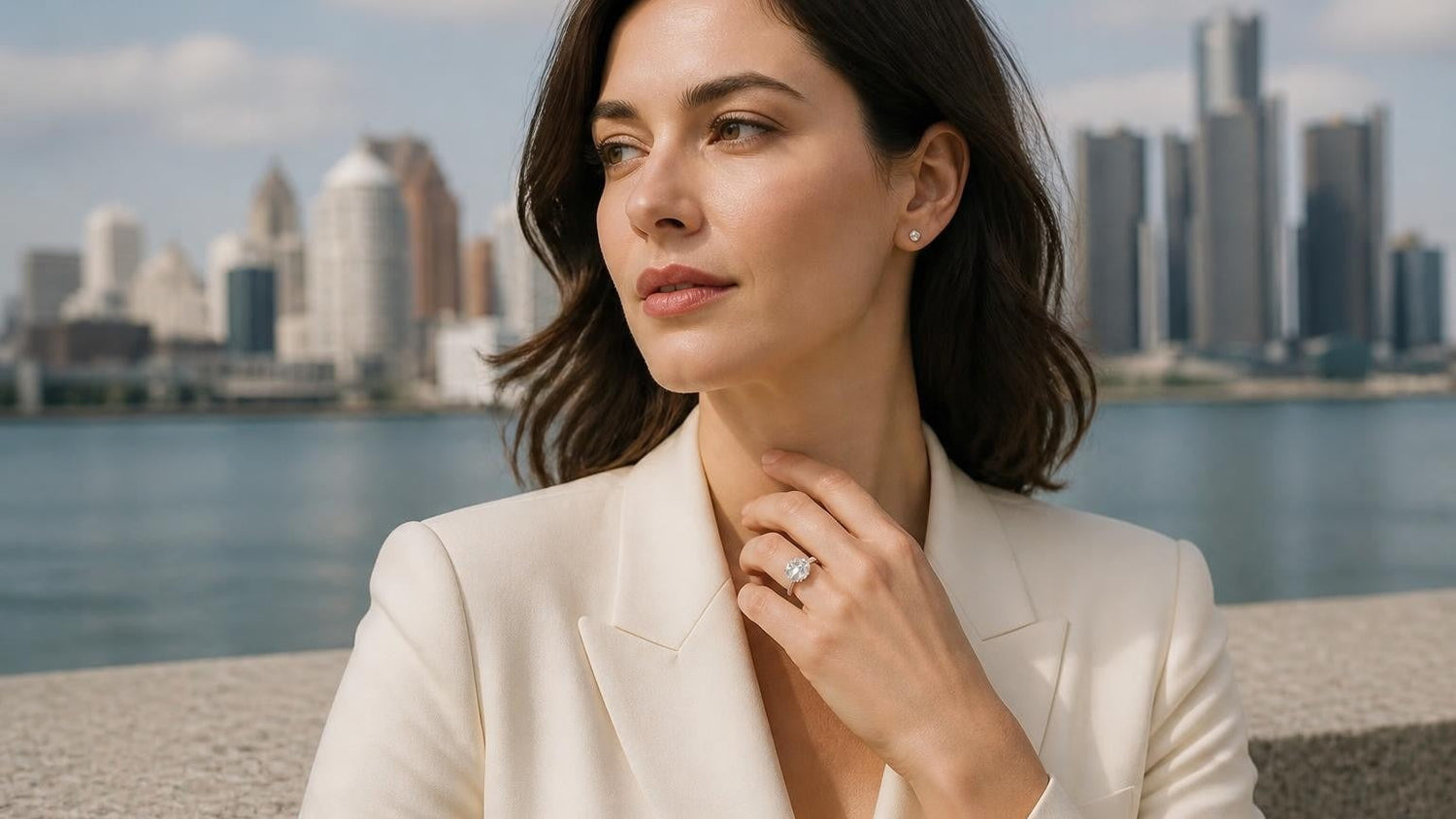 Best engagement rings in Detroit — Satéur Destinée Ring with Detroit skyline