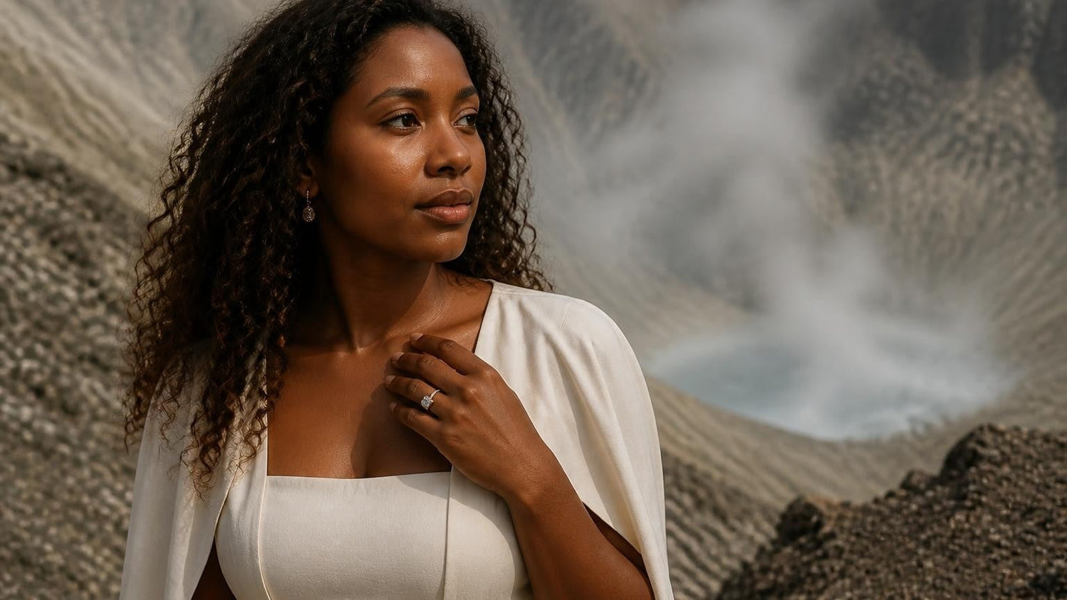 Best engagement ring in Dominica — Satéur Destinée Ring™ worn against the volcanic steam of Boiling Lake