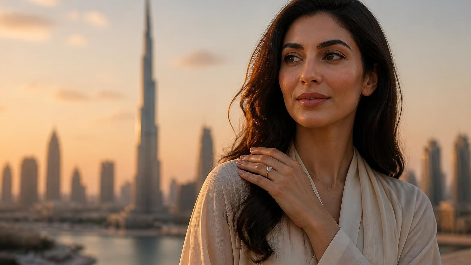 Best engagement rings in Dubai — elegant woman with Satéur Destinée Ring™, Burj Khalifa at golden hour