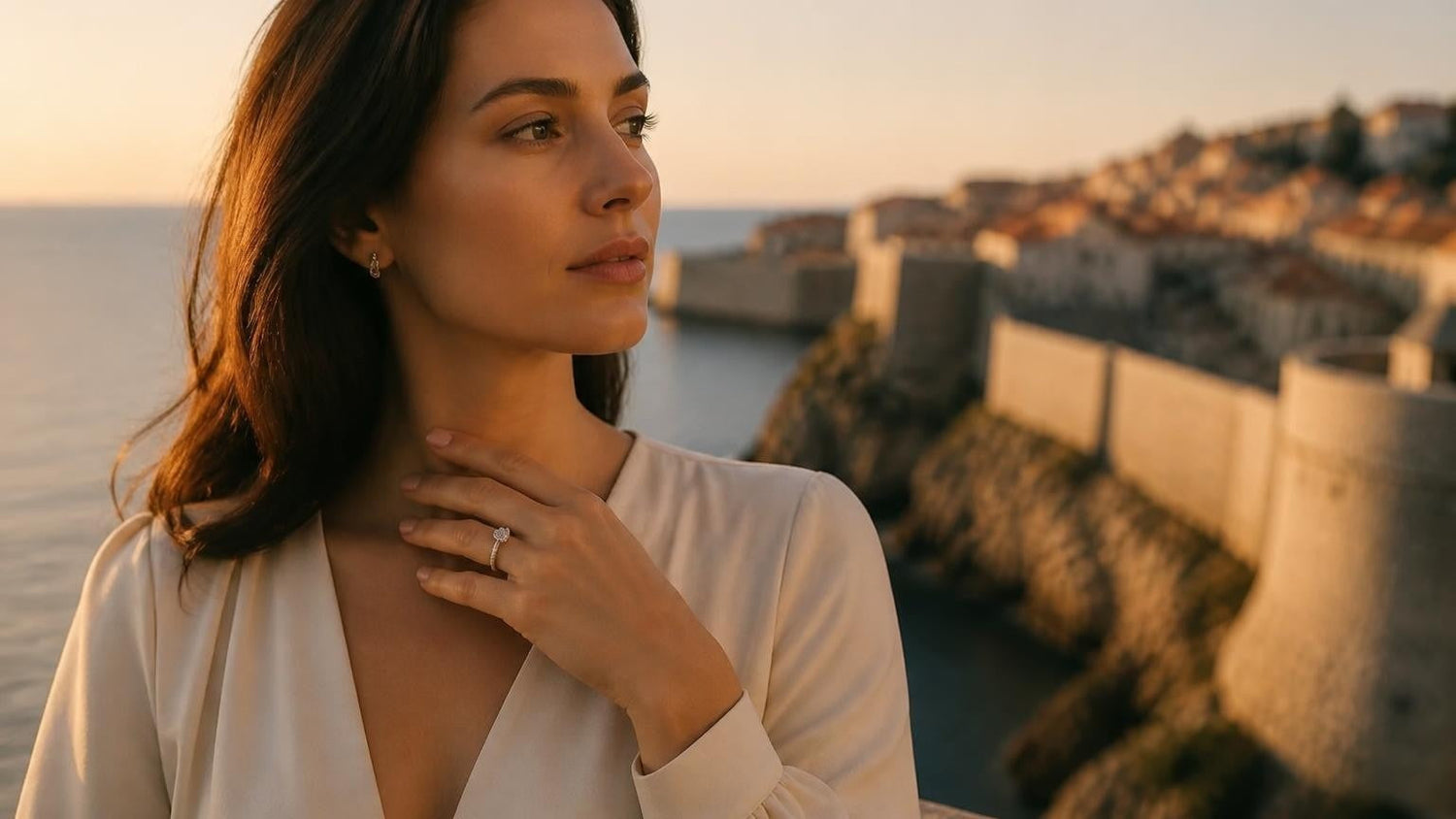 Best engagement rings in Dubrovnik — elegant Croatian woman with Satéur Destinée Ring, city walls at sunset