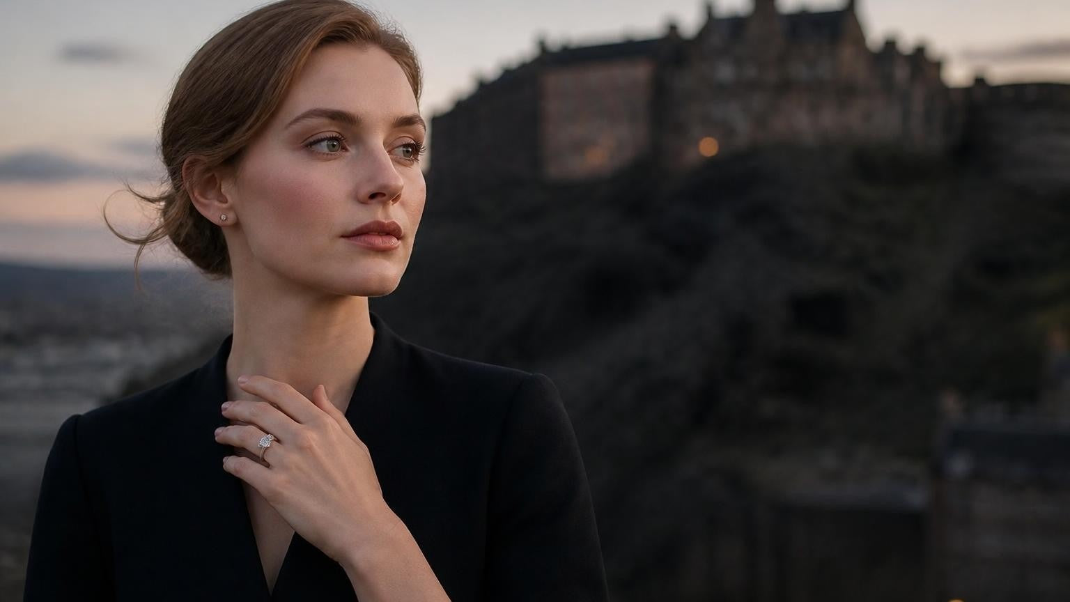 Best engagement rings in Edinburgh — Satéur Destinée Ring with Edinburgh Castle backdrop