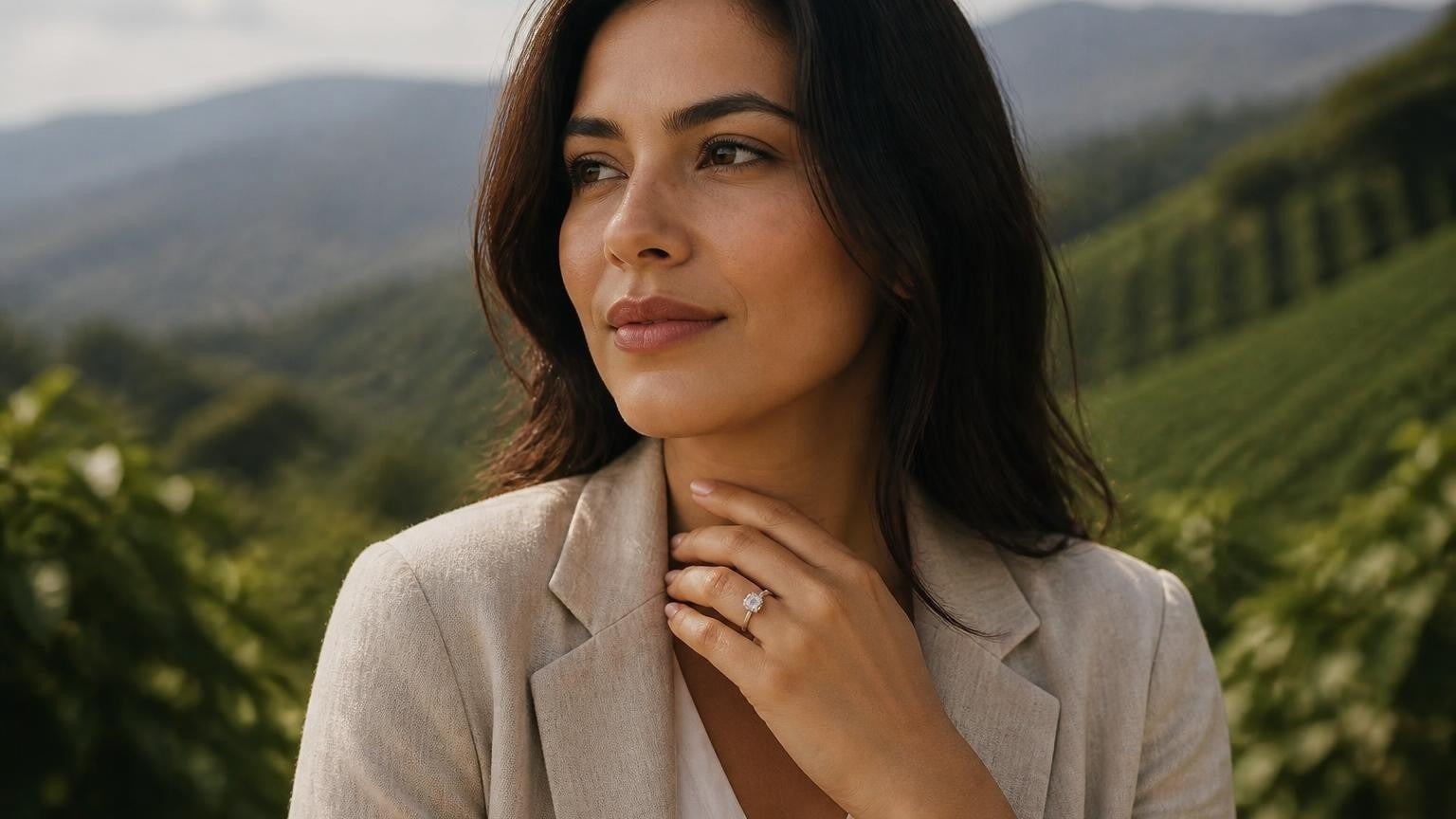 Best engagement rings in El Cairo Colombia — Satéur Destinée Ring on hand, Valle del Cauca landscape