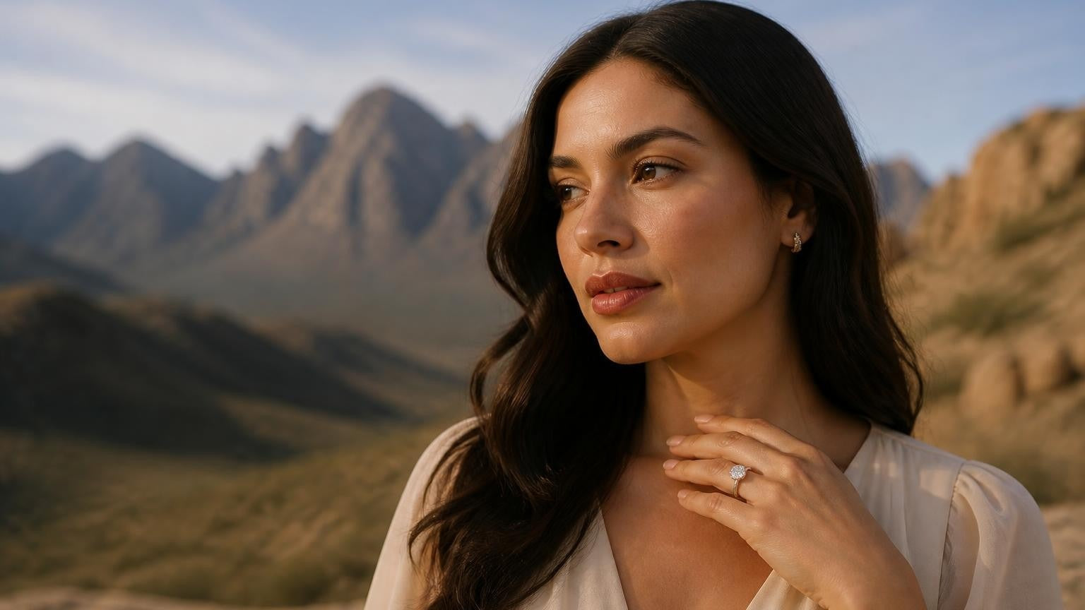Best engagement rings in El Paso — Satéur Destinée Ring with Franklin Mountains backdrop