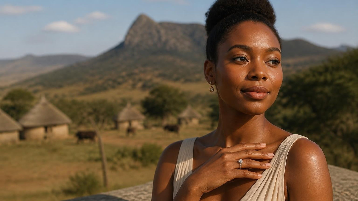 Elegant Swazi woman wearing a Satéur Destinée Ring™ with Sibebe Rock in the background — best engagement rings in Eswatini